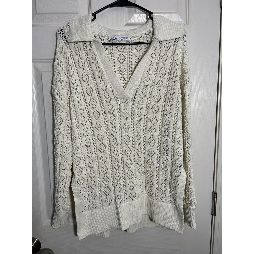 ZARA Cream Open Knit Pointelle Polo Sweater Split Hem Collar XS-S